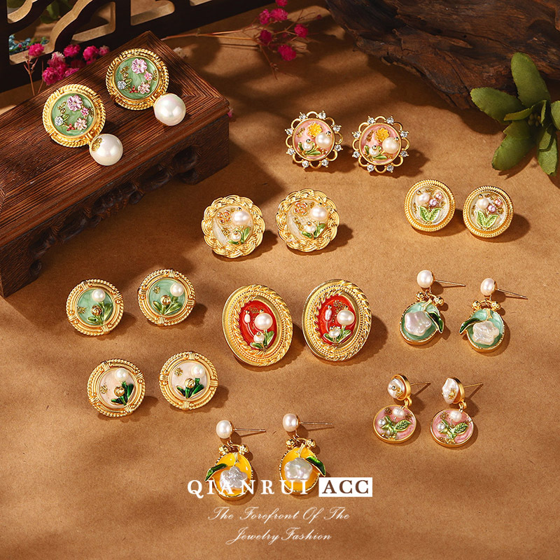 中古风油画系列巴洛克珍珠新中式国风法式耳环